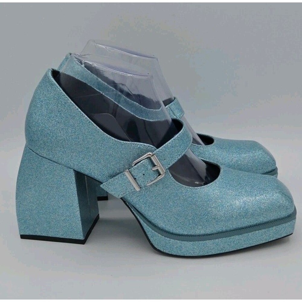GB 2 Night Green Glitter Mary Jane Platform Pumps Size 9 Block Heel Chunky EUC - Picture 6 of 8